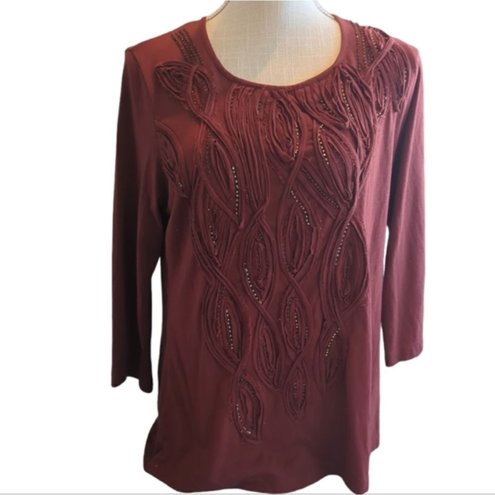 Coldwater Creek Beaded Top Maroon Round Neck 3/4 Length Sleeve‎ Women's Medium